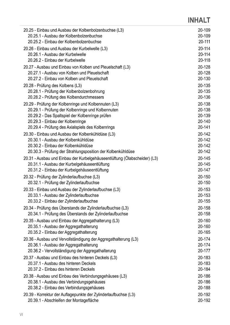 Puede incluir: Una p&aacute;gina de un manual t&eacute;cnico alem&aacute;n, titulada "INHALT", que enumera los procedimientos de reparaci&oacute;n del motor. El texto incluye t&eacute;rminos como "Kolben" (pist&oacute;n), "Kurbelwelle" (cig&uuml;e&ntilde;al) y "Zylinderlaufbuchse" (camisa de cilindro).