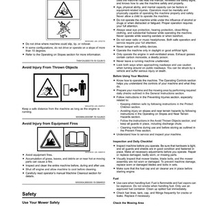 May include: A page from a safety manual with warnings about operating machinery. The text includes warnings about tipping, thrown objects, and equipment fires. The manual also provides instructions for safe operation and maintenance.