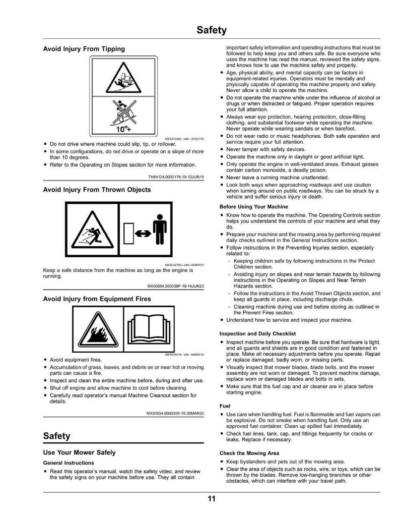 May include: A page from a safety manual with warnings about operating machinery. The text includes warnings about tipping, thrown objects, and equipment fires. The manual also provides instructions for safe operation and maintenance.