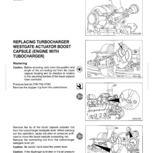 May include: Diagrams and instructions for replacing a turbocharger westgate actuator boost capsule. The image includes detailed illustrations of engine components, with text explaining the replacement process and caution notes. The diagrams show various engine parts.