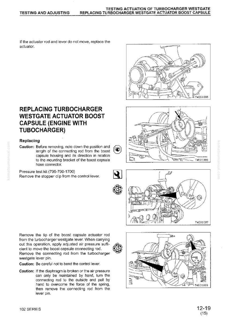 May include: Diagrams and instructions for replacing a turbocharger westgate actuator boost capsule. The image includes detailed illustrations of engine components, with text explaining the replacement process and caution notes. The diagrams show various engine parts.