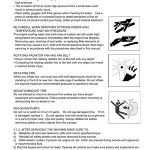 Op de afbeelding: Een pagina uit een servicehandleiding met veiligheidsinstructies. De tekst bevat waarschuwingen over hoge druk, hete olie en draaiende onderdelen. Diagrammen illustreren gevaren en veiligheidsprocedures.