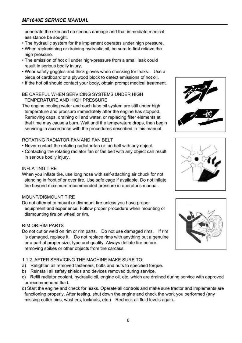 Op de afbeelding: Een pagina uit een servicehandleiding met veiligheidsinstructies. De tekst bevat waarschuwingen over hoge druk, hete olie en draaiende onderdelen. Diagrammen illustreren gevaren en veiligheidsprocedures.