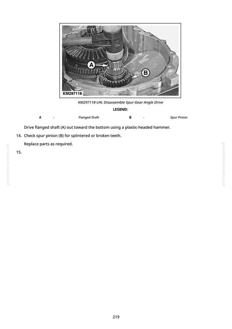 May include: An exploded view diagram of a spur-gear angle drive, with labels for flanged shaft and spur pinion. The text instructs on disassembly and inspection of parts. The image includes the text "KM297118-UN: Disassemble Spur-Gear Angle Drive."