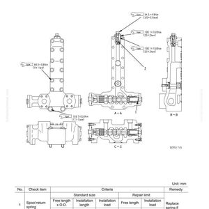 May include: Diagram of a straight-travel valve, with detailed schematics and measurements in millimeters. Includes cross-sectional views, labeled components, and torque specifications. Text includes "Structure, Function and Maintenance Standard."