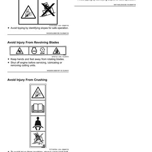 Op de afbeelding: Een witte pagina met veiligheidslabels en illustraties. De labels waarschuwen tegen kantelen, draaiende messen en pletten. De tekst bevat instructies voor het gebruik van veiligheidsgordels en het lezen van de gebruikershandleiding.