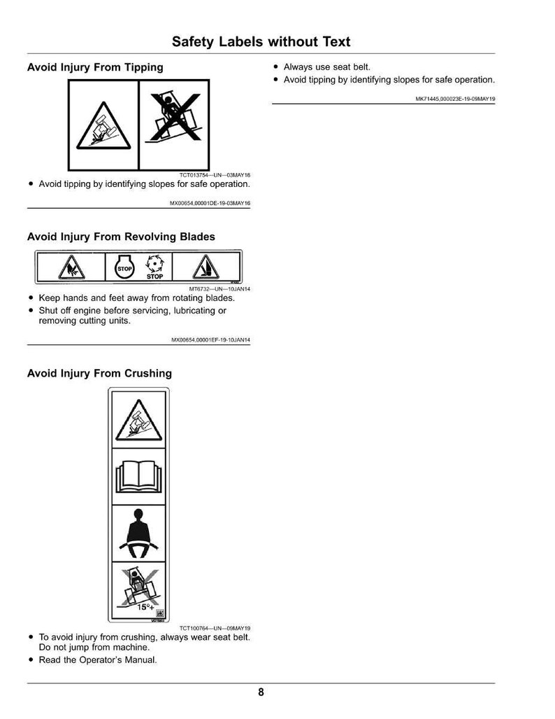 Op de afbeelding: Een witte pagina met veiligheidslabels en illustraties. De labels waarschuwen tegen kantelen, draaiende messen en pletten. De tekst bevat instructies voor het gebruik van veiligheidsgordels en het lezen van de gebruikershandleiding.
