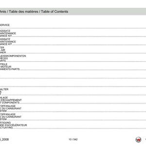 Peut inclure: Document blanc et gris intitul&eacute; "Inhaltsverzeichnis / Table des mati&egrave;res / Table of Contents" avec une liste de pi&egrave;ces de service et de moteur. Le document comprend des num&eacute;ros de page et le logo Weidemann.