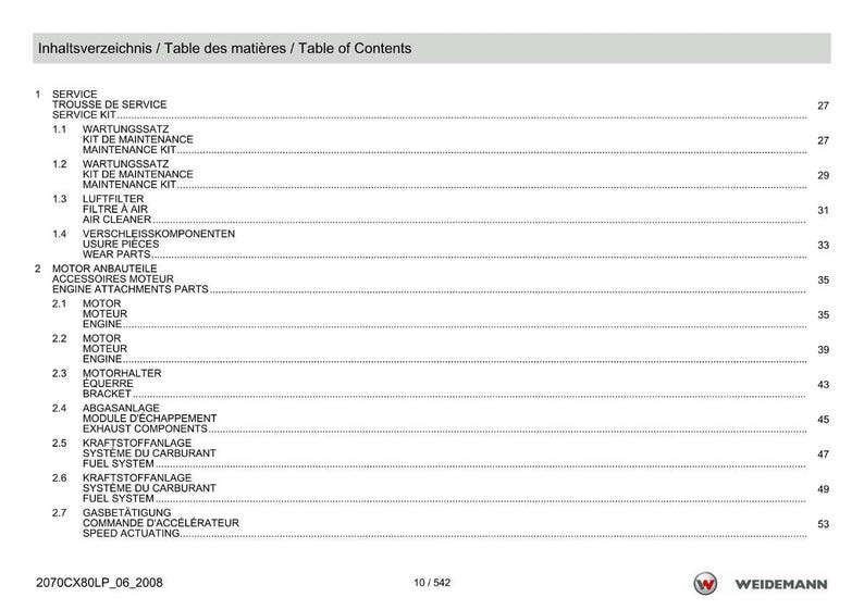 Peut inclure: Document blanc et gris intitul&eacute; "Inhaltsverzeichnis / Table des mati&egrave;res / Table of Contents" avec une liste de pi&egrave;ces de service et de moteur. Le document comprend des num&eacute;ros de page et le logo Weidemann.