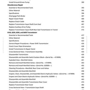 May include: A page from a manual with a list of repair procedures and specifications. The text includes terms like "Install Transmission," "Replace Clutch Cable," and "Disassemble Manifold." The page number is 8.