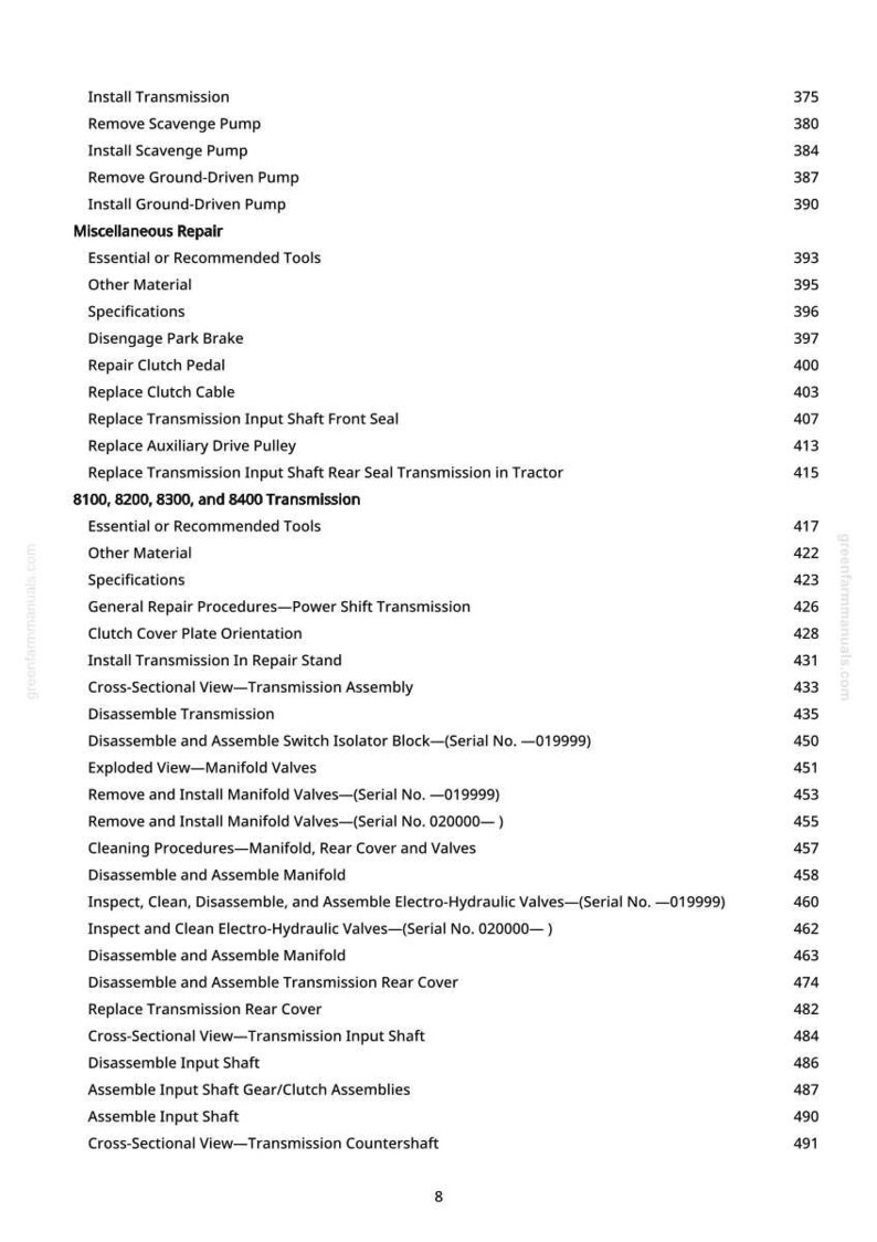 May include: A page from a manual with a list of repair procedures and specifications. The text includes terms like "Install Transmission," "Replace Clutch Cable," and "Disassemble Manifold." The page number is 8.