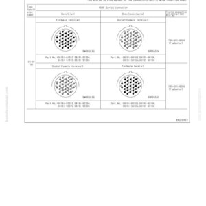 K&ouml;nnte beinhalten: Technisches Diagramm eines HD50-Serien-Steckverbinders mit Pin- und Buchsenanordnungen. Enth&auml;lt Teilenummern und Adapterinformationen. Eine technische Illustration zur Fehlersuche.