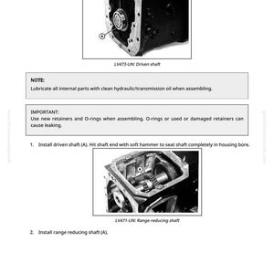 May include: Diagram of a transmission assembly process. The image includes detailed illustrations of the driven shaft and range reducing shaft, with labels and instructions for installation. Text includes "Assembling Transmission" and "LV473-UN: Driven shaft".
