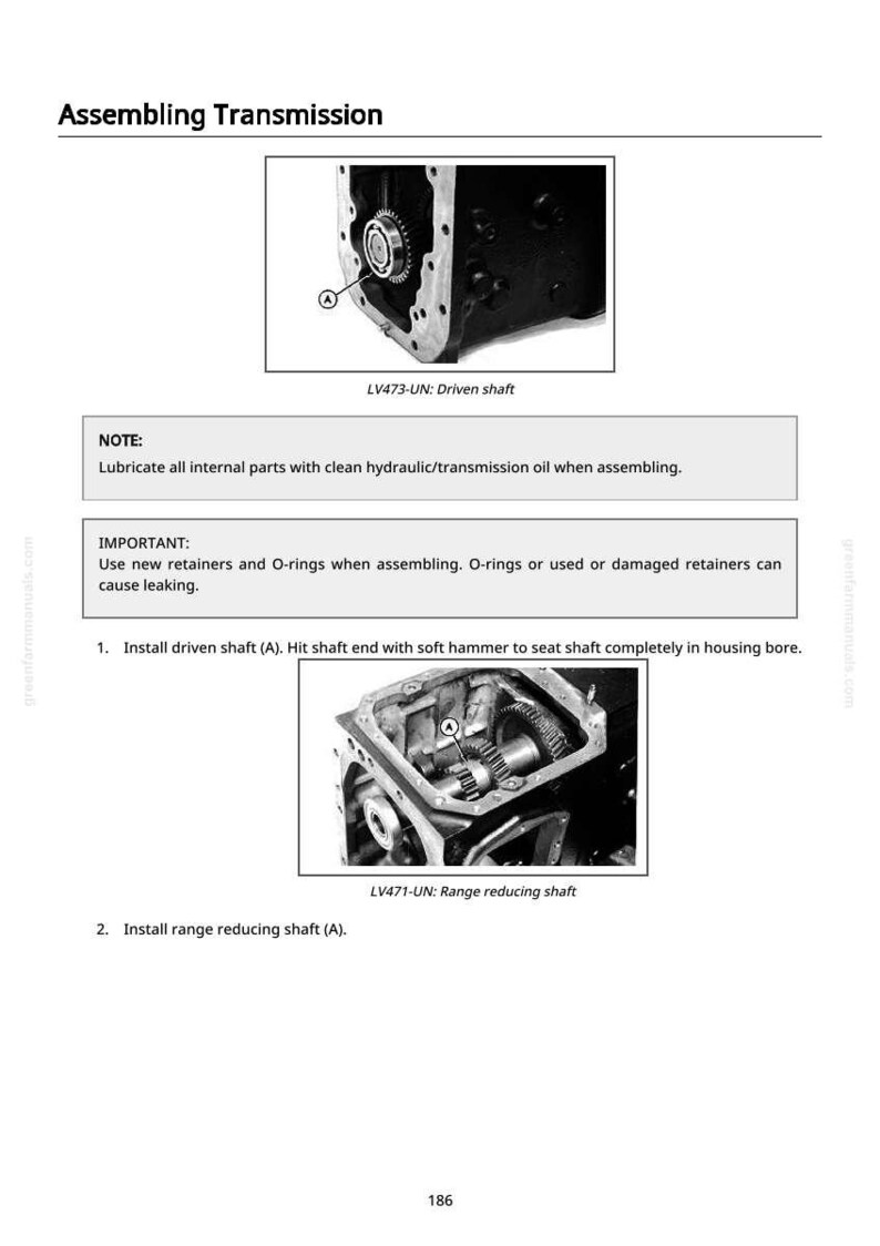 May include: Diagram of a transmission assembly process. The image includes detailed illustrations of the driven shaft and range reducing shaft, with labels and instructions for installation. Text includes "Assembling Transmission" and "LV473-UN: Driven shaft".