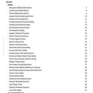 May include: A white page titled "Table of Contents" from a manual. The table lists safety topics such as "Handle Fluids Safely," "Wear Protective Clothing," and "Avoid Harmful Asbestos Dust." The page includes page numbers.