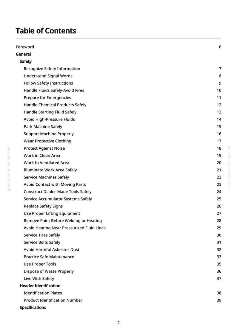 May include: A white page titled "Table of Contents" from a manual. The table lists safety topics such as "Handle Fluids Safely," "Wear Protective Clothing," and "Avoid Harmful Asbestos Dust." The page includes page numbers.