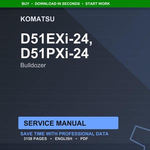 May include: A digital image featuring the Komatsu brand name and the model numbers D51EXi-24 and D51PXi-24. The word "Bulldozer" is below the model numbers. The image also includes the text "Service Manual" and "Save time with professional data".
