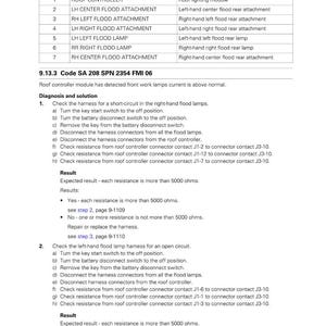 May include: A detailed schematic diagram with a table listing electrical system components, including roof controller and flood attachments. The text includes troubleshooting steps and expected results for a vehicle's electrical system.