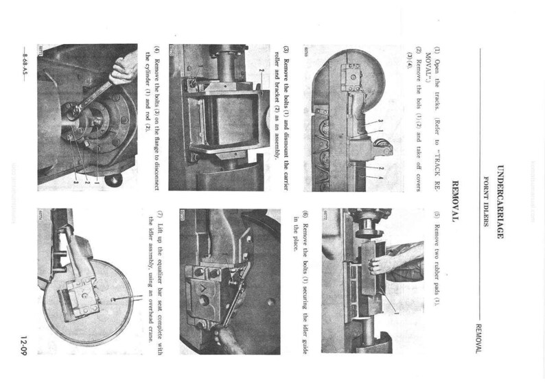 May include: A black and white diagram detailing the removal of undercarriage front idlers. The image shows several steps, including removing bolts, covers, and brackets, with detailed instructions and labels for each component. The text includes "REMOVAL" and "UNDERCARRIAGE POINT IDLERS."