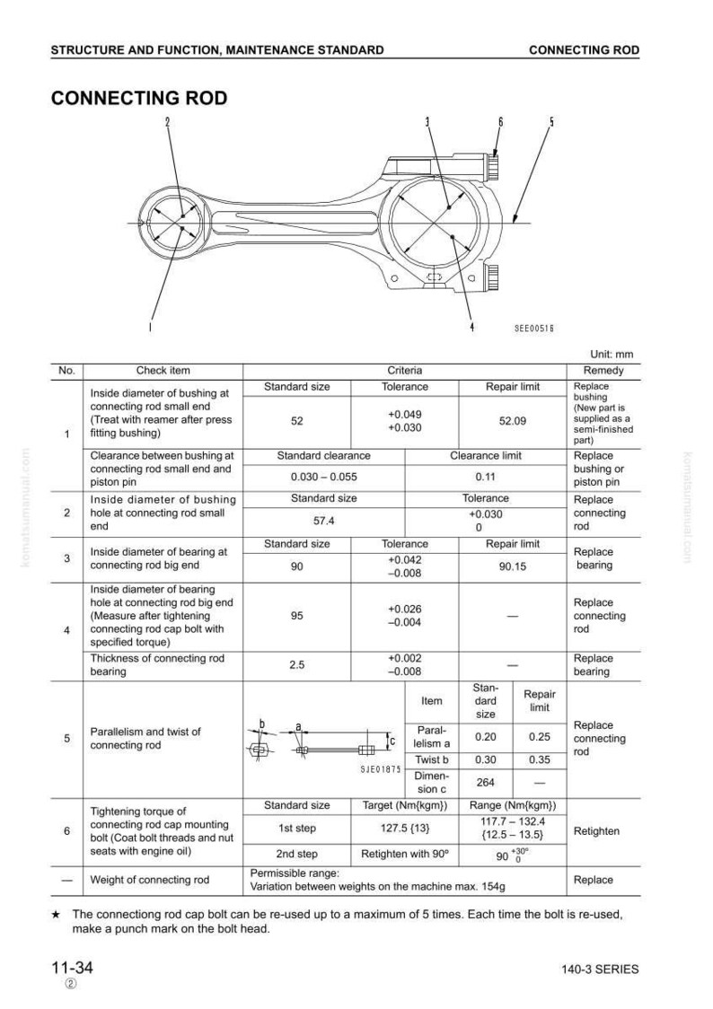 May include: Diagram of a connecting rod with detailed measurements and specifications for maintenance. Includes standard sizes, tolerances, and repair limits in millimeters. Features a schematic with numbered points and a table with technical data.