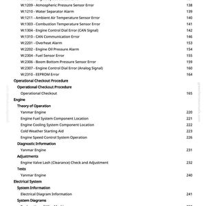 May include: A page from a manual with a list of engine error codes and diagnostic information. The text includes codes like W:1207 Coolant Temperature Sensor Error and W:2201 Overheat Alarm. The page also lists engine-related procedures.