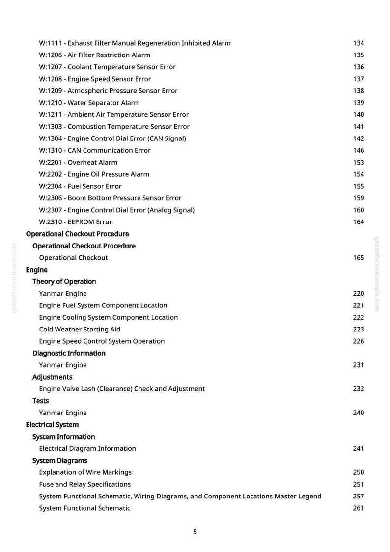 May include: A page from a manual with a list of engine error codes and diagnostic information. The text includes codes like W:1207 Coolant Temperature Sensor Error and W:2201 Overheat Alarm. The page also lists engine-related procedures.