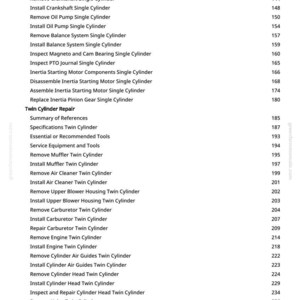May include: A white page with a list of engine repair procedures, including "Twin Cylinder Repair" and related topics. The page includes a table of contents with page numbers. The website address greenfarmmanuals.com is visible.
