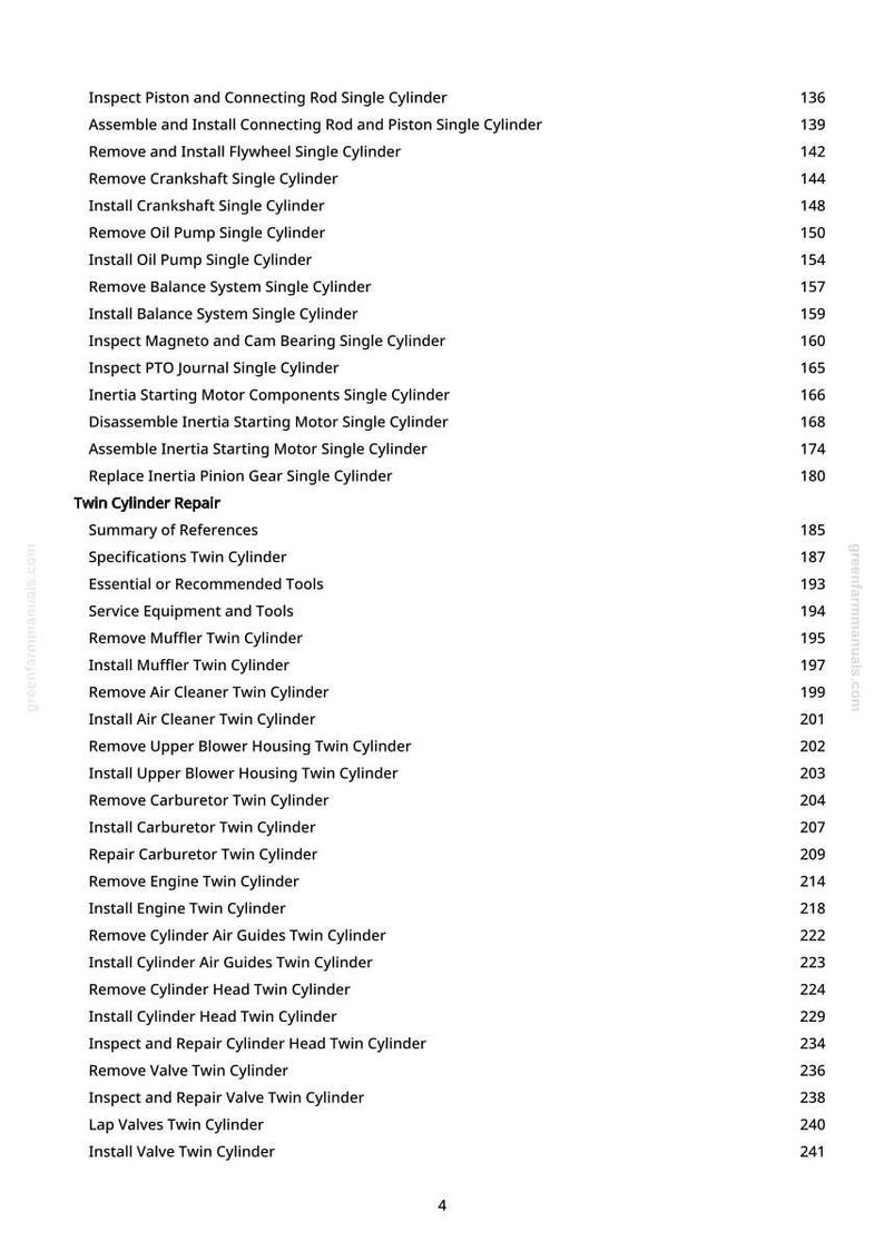 May include: A white page with a list of engine repair procedures, including "Twin Cylinder Repair" and related topics. The page includes a table of contents with page numbers. The website address greenfarmmanuals.com is visible.