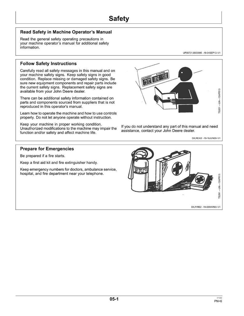May include: A page from a machine operator's manual titled "Safety." The manual includes instructions on safety precautions, safety signs, and emergency preparedness. Illustrations show a person reading a manual, a fire extinguisher, and a first aid kit.