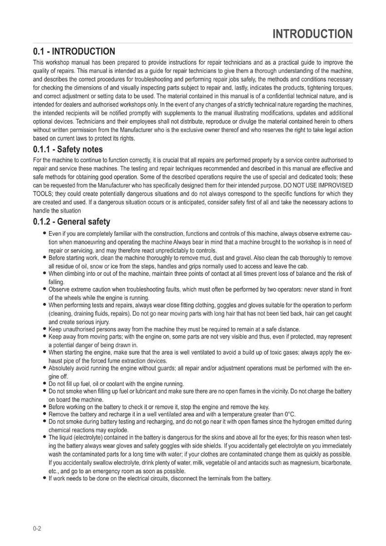 May include: A white document with the title "INTRODUCTION" at the top. The document contains safety notes and general safety guidelines for machinery repair, including warnings about potential hazards and instructions for safe operation.