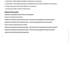 May include: A white page with the title "PA1 523436.31 - Watchdog Reset for Seed Monitor". The text describes steps to reset a seed monitor, including checking connectors and harnesses. Additional information on electrical schematics is also provided.