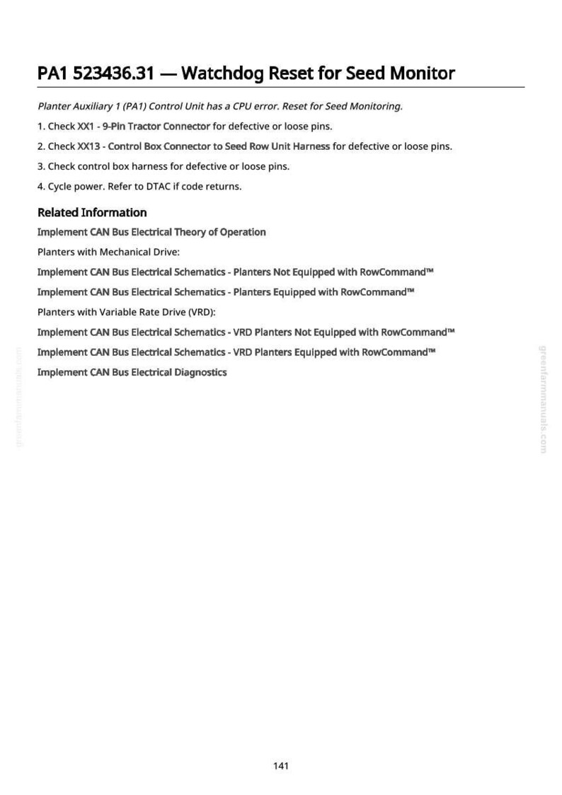 May include: A white page with the title "PA1 523436.31 - Watchdog Reset for Seed Monitor". The text describes steps to reset a seed monitor, including checking connectors and harnesses. Additional information on electrical schematics is also provided.