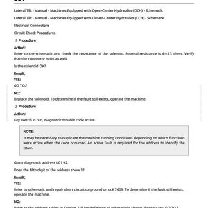May include: A technical document titled "LC1 001522.06 - Feeder House Tilt Right Valve Solenoid" with troubleshooting procedures. The document includes instructions, schematics, and diagnostic steps for electrical components.