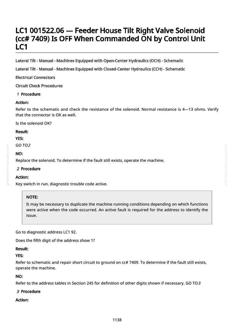 May include: A technical document titled "LC1 001522.06 - Feeder House Tilt Right Valve Solenoid" with troubleshooting procedures. The document includes instructions, schematics, and diagnostic steps for electrical components.