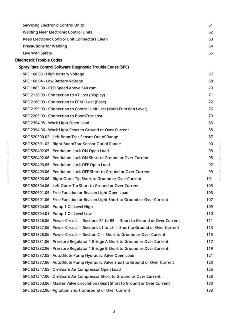 May include: A white page with black text listing diagnostic trouble codes (SPC) for spray rate control software. The codes cover voltage, sensor, and circuit problems, each with a numerical identifier.