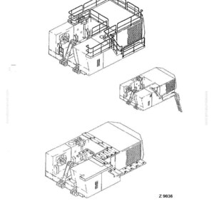 May include: Technical diagram of heavy machinery, with three views. The top view shows a detailed model with a platform and railings. The text "Assembly Procedure PC3000" is visible. The bottom view includes the text "Z 9036" and the number "36".