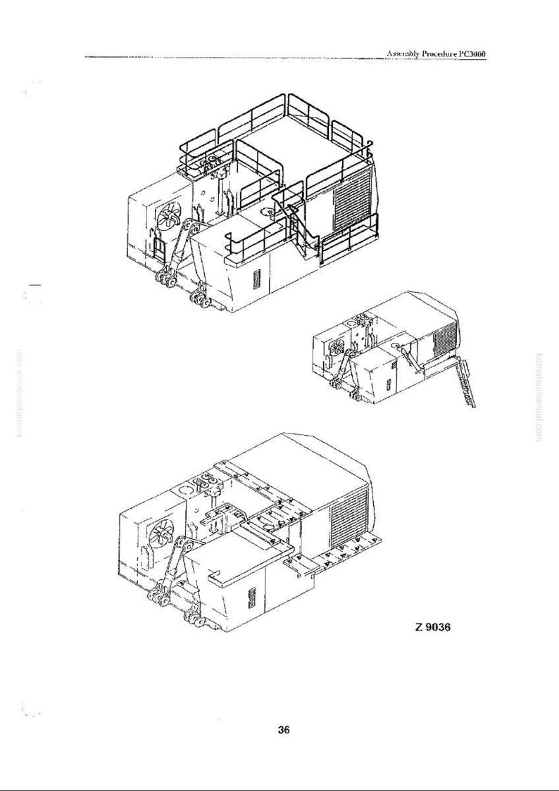 May include: Technical diagram of heavy machinery, with three views. The top view shows a detailed model with a platform and railings. The text "Assembly Procedure PC3000" is visible. The bottom view includes the text "Z 9036" and the number "36".