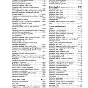 Puede incluir: Una p&aacute;gina de un manual de Weidemann, que presenta una tabla de contenidos con varios temas de reparaci&oacute;n de autom&oacute;viles. El texto es negro sobre un fondo blanco, con n&uacute;meros de secci&oacute;n y t&iacute;tulos.