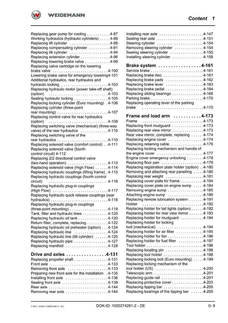 Puede incluir: Una p&aacute;gina de un manual de Weidemann, que presenta una tabla de contenidos con varios temas de reparaci&oacute;n de autom&oacute;viles. El texto es negro sobre un fondo blanco, con n&uacute;meros de secci&oacute;n y t&iacute;tulos.