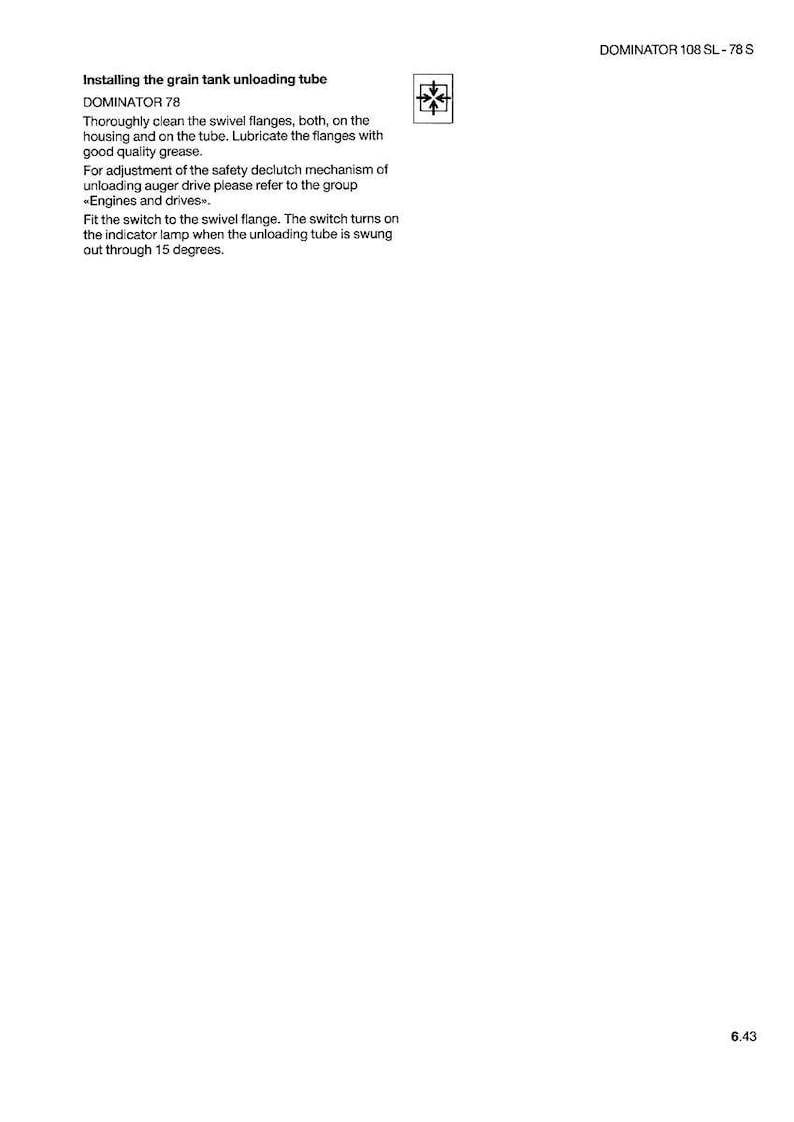 Puede incluir: Una p&aacute;gina blanca con instrucciones para instalar un tubo de descarga del dep&oacute;sito de grano. El texto describe la limpieza y lubricaci&oacute;n de las bridas, y el ajuste del mecanismo de desembrague de seguridad. DOMINATOR 78.