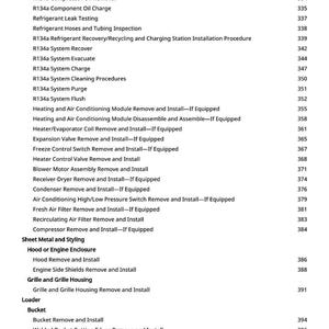 May include: A detailed list of automotive repair procedures, including heating and air conditioning, sheet metal work, and loader maintenance. The text is in black font on a white background, with page numbers on the right.