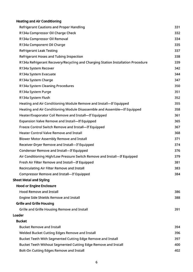 May include: A detailed list of automotive repair procedures, including heating and air conditioning, sheet metal work, and loader maintenance. The text is in black font on a white background, with page numbers on the right.