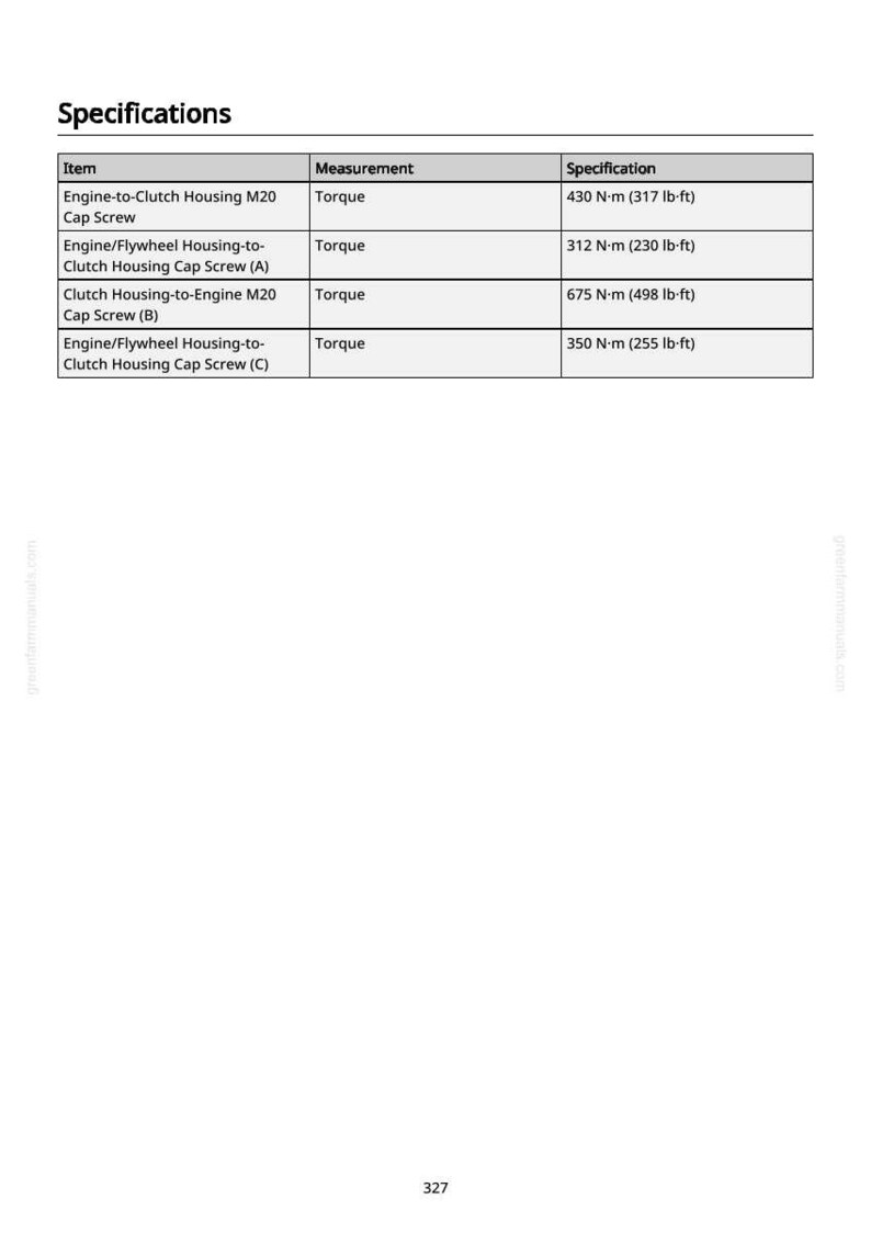 May include: A table of specifications for engine components, including torque measurements in Newton-meters (N&middot;m) and pound-feet (lb-ft). The table lists items like cap screws and their corresponding torque values for various engine parts.