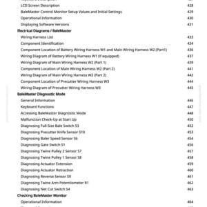 May include: A detailed table of contents from a manual, featuring a list of topics related to a BaleMaster control monitor. The text is black on a white background, with page numbers on the right.