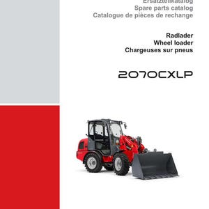 May include: A brochure for Weidemann wheel loaders. The cover features a red and gray wheel loader with a black bucket. Text includes "Ersatzteilkatalog", "Spare parts catalog", and "2070CXLP".