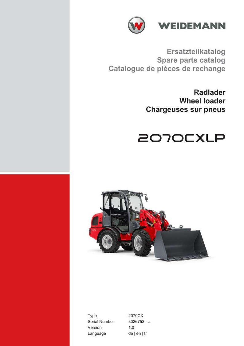 May include: A brochure for Weidemann wheel loaders. The cover features a red and gray wheel loader with a black bucket. Text includes "Ersatzteilkatalog", "Spare parts catalog", and "2070CXLP".