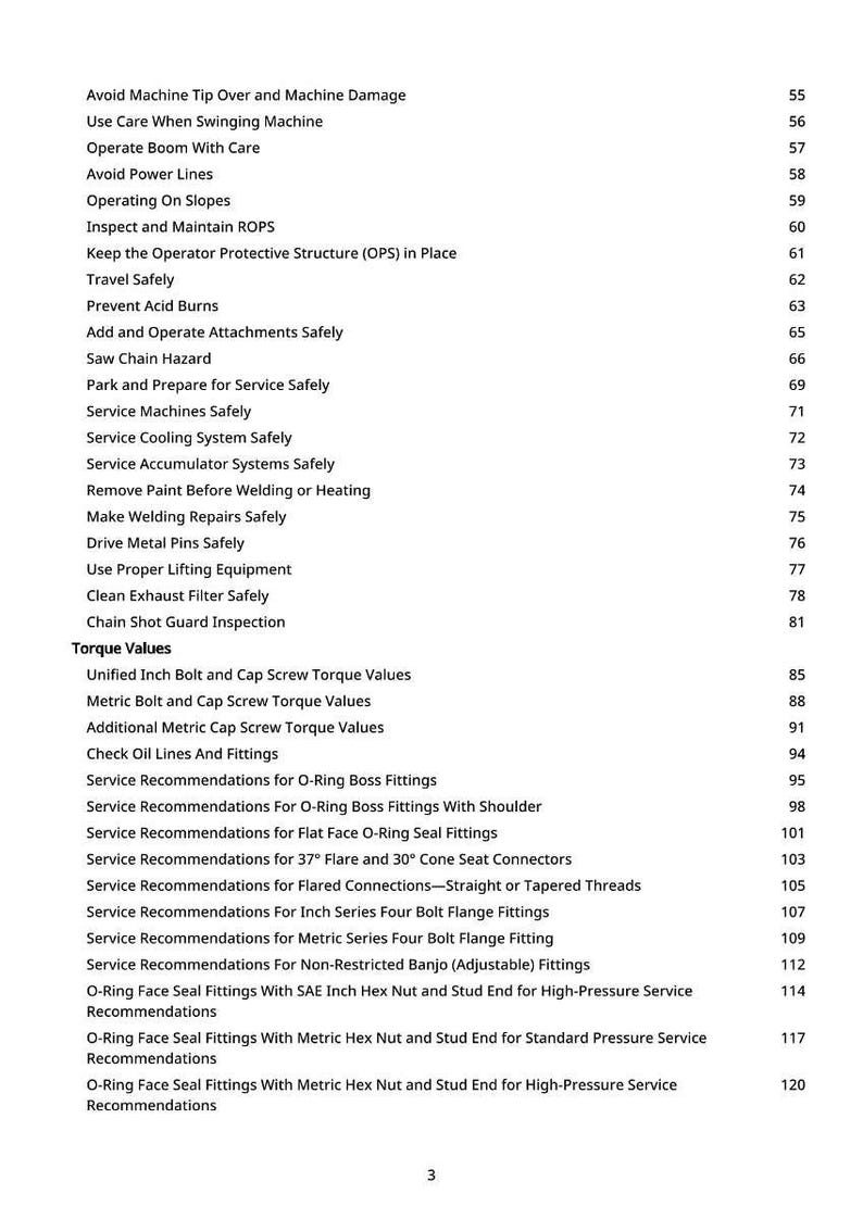 May include: A page from a manual with a list of safety and service recommendations. The text includes topics like "Avoid Machine Tip Over," "Operating on Slopes," and "Torque Values." The page number is 3.