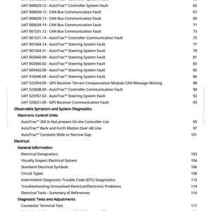 May include: A white-background page from a manual with a table of contents and diagnostic information. The text includes fault codes, system diagnostics, and electrical system details. Page numbers are listed on the right.