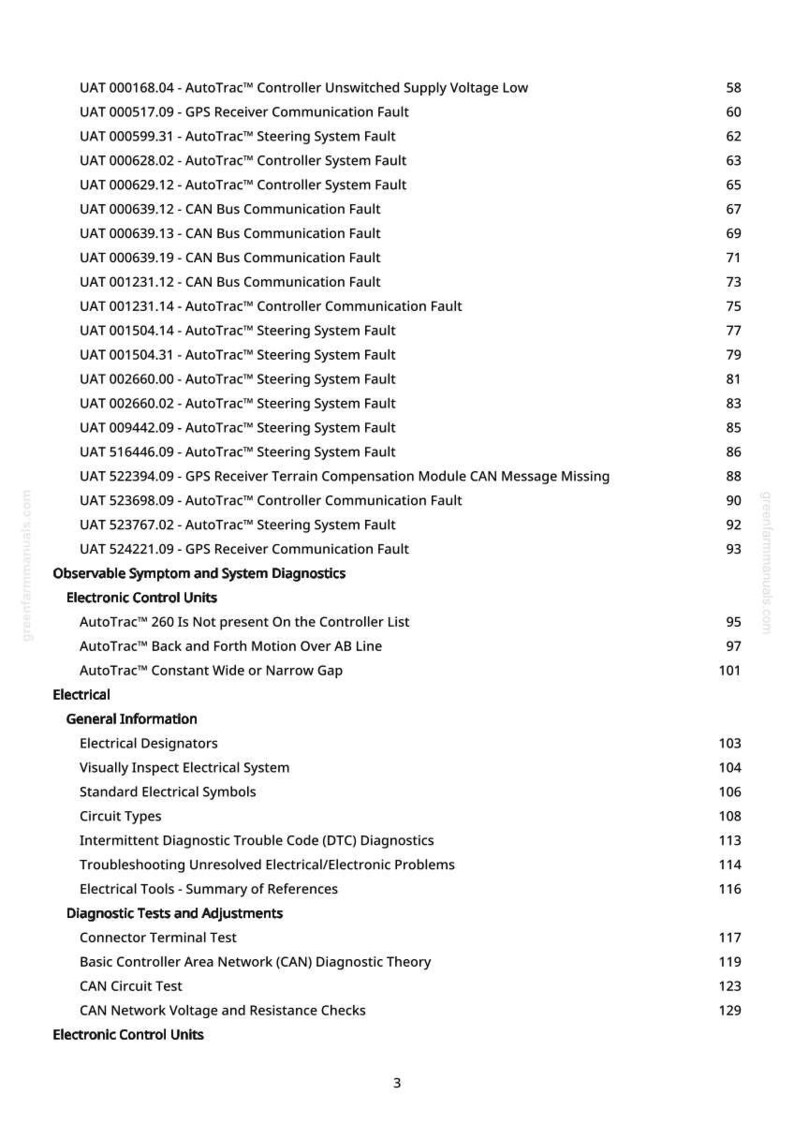 May include: A white-background page from a manual with a table of contents and diagnostic information. The text includes fault codes, system diagnostics, and electrical system details. Page numbers are listed on the right.