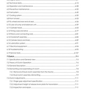 May include: A white page from an Argo Tractors manual, featuring a detailed table of contents. Sections cover engine components, maintenance, and clutch adjustments, with page numbers alongside.